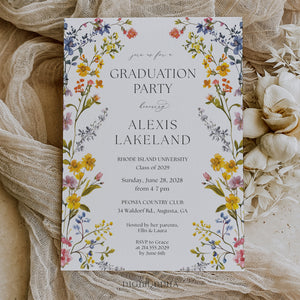 Elegant graduation party invitation with spring wildflower frame, pressed floral design, and whimsical garden party theme