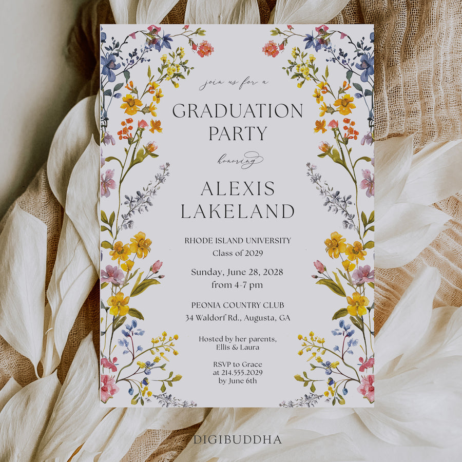 Elegant graduation party invitation with spring wildflower frame, pressed floral design, and whimsical garden party theme