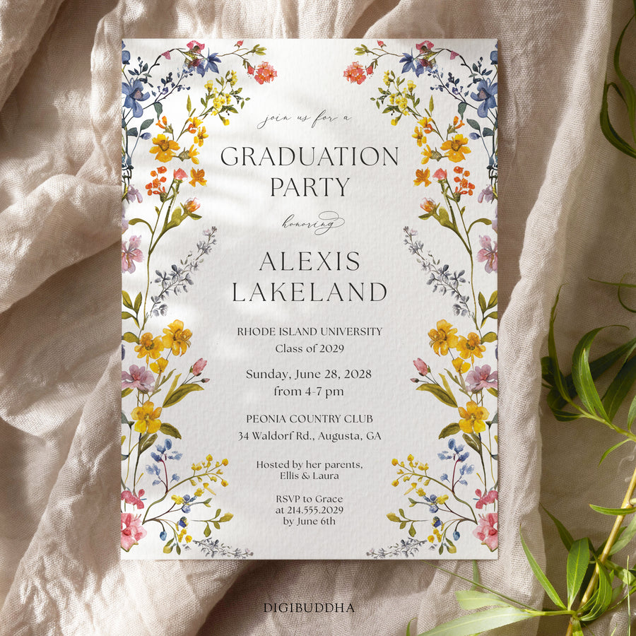 Elegant graduation party invitation with spring wildflower frame, pressed floral design, and whimsical garden party theme