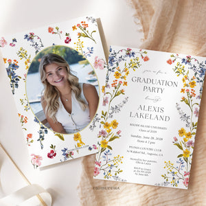 Elegant graduation party invitation with spring wildflower frame, pressed floral design, and whimsical garden party theme