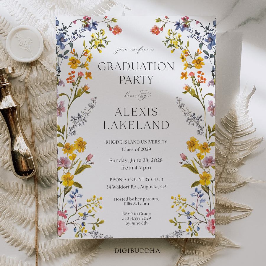 Elegant graduation party invitation with spring wildflower frame, pressed floral design, and whimsical garden party theme