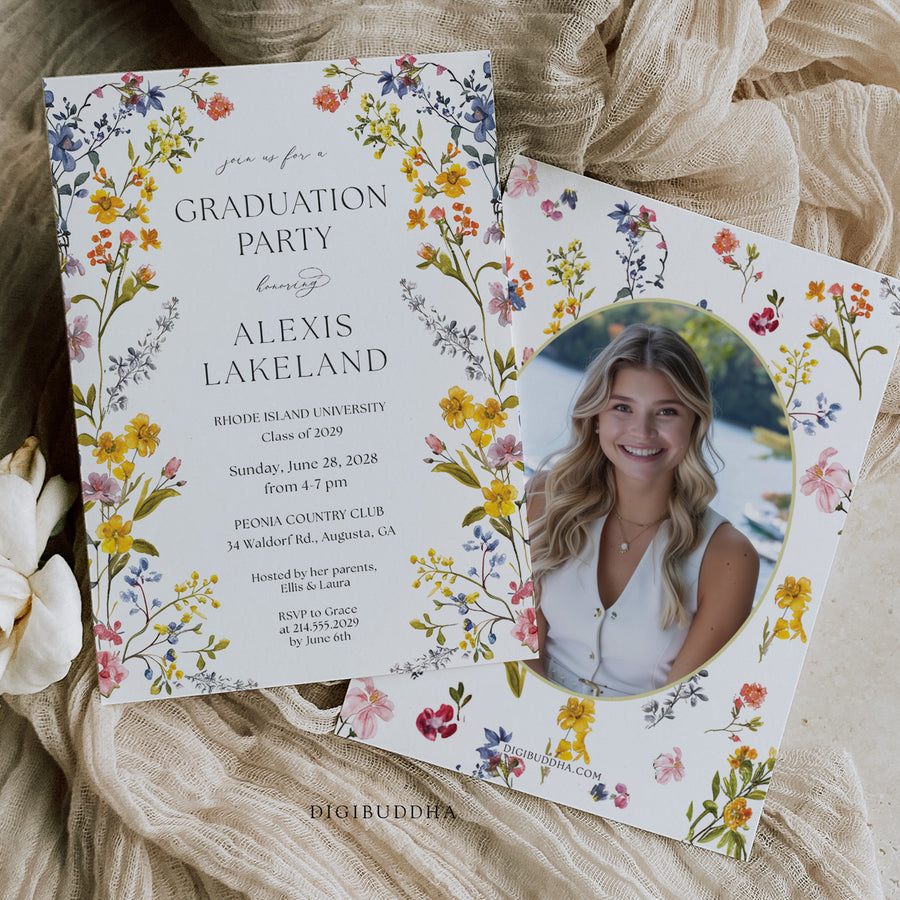 Elegant graduation party invitation with spring wildflower frame, pressed floral design, and whimsical garden party theme