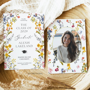 Spring wildflower frame flat graduation announcement cards with pressed floral design and whimsical botanical accents.