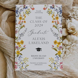 Spring wildflower frame flat graduation announcement cards with pressed floral design and whimsical botanical accents.