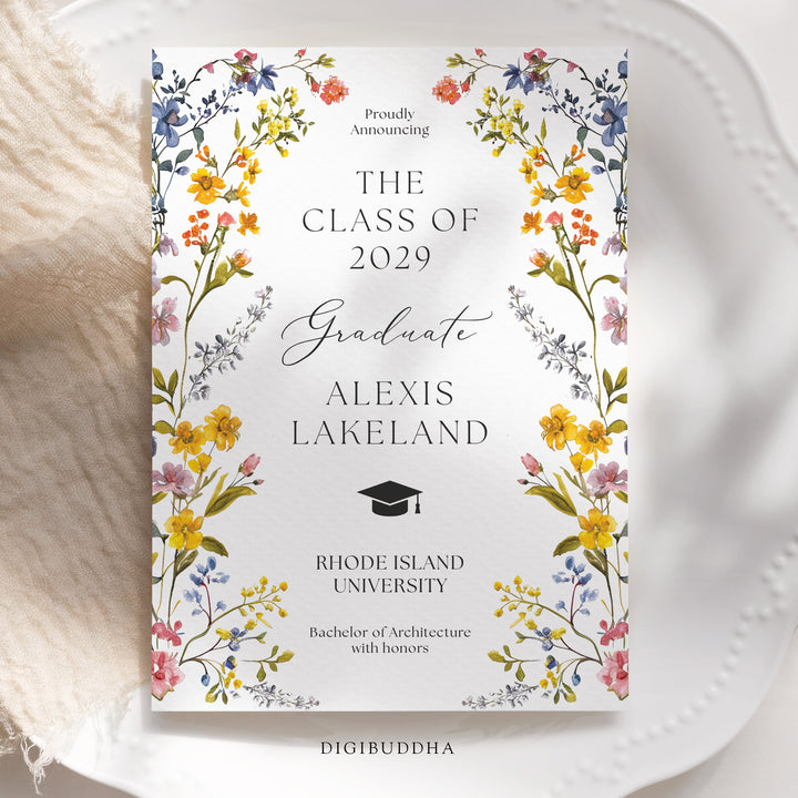 Spring wildflower frame flat graduation announcement cards with pressed floral design and whimsical botanical accents.