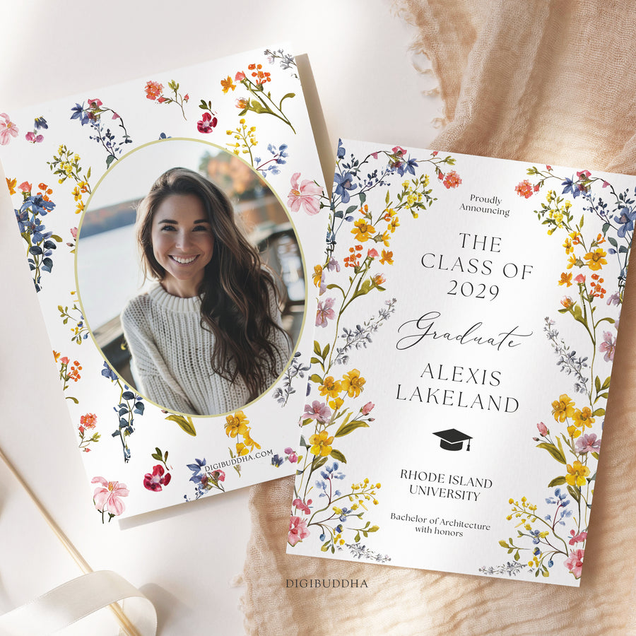 Spring wildflower frame flat graduation announcement cards with pressed floral design and whimsical botanical accents.