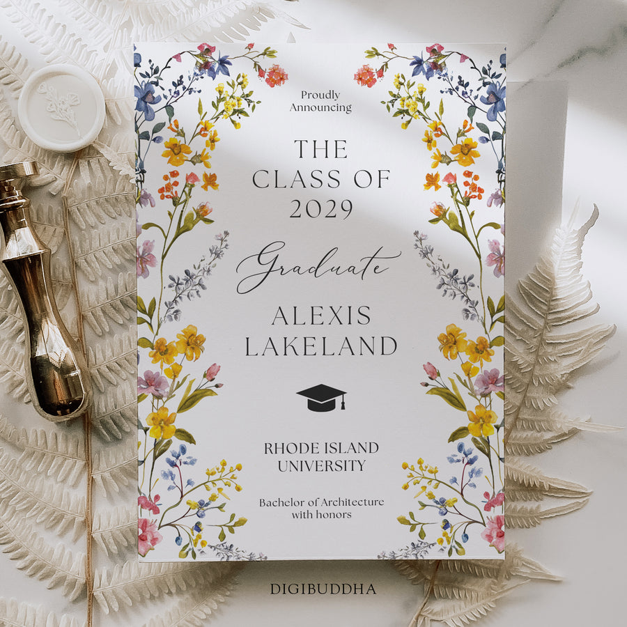 Spring wildflower frame flat graduation announcement cards with pressed floral design and whimsical botanical accents.