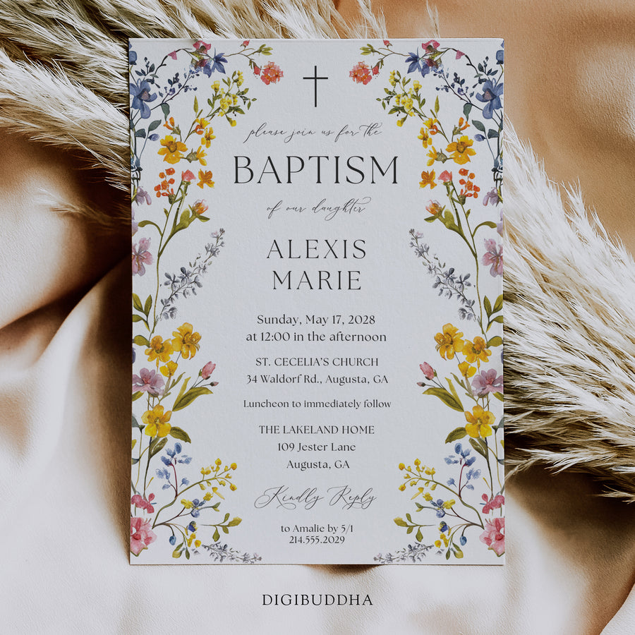 Elegant baptism invitation with spring wildflower frame, pressed floral design, and whimsical garden theme.