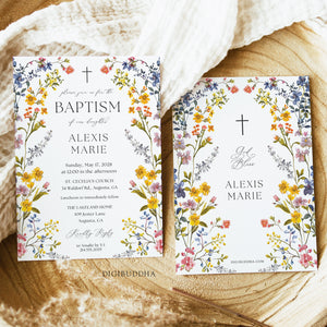 Elegant baptism invitation with spring wildflower frame, pressed floral design, and whimsical garden theme.