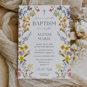 Elegant baptism invitation with spring wildflower frame, pressed floral design, and whimsical garden theme.