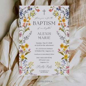 Elegant baptism invitation with spring wildflower frame, pressed floral design, and whimsical garden theme.