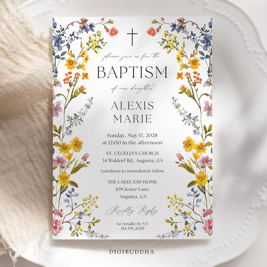 Elegant baptism invitation with spring wildflower frame, pressed floral design, and whimsical garden theme.