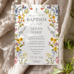 Elegant baptism invitation with spring wildflower frame, pressed floral design, and whimsical garden theme.