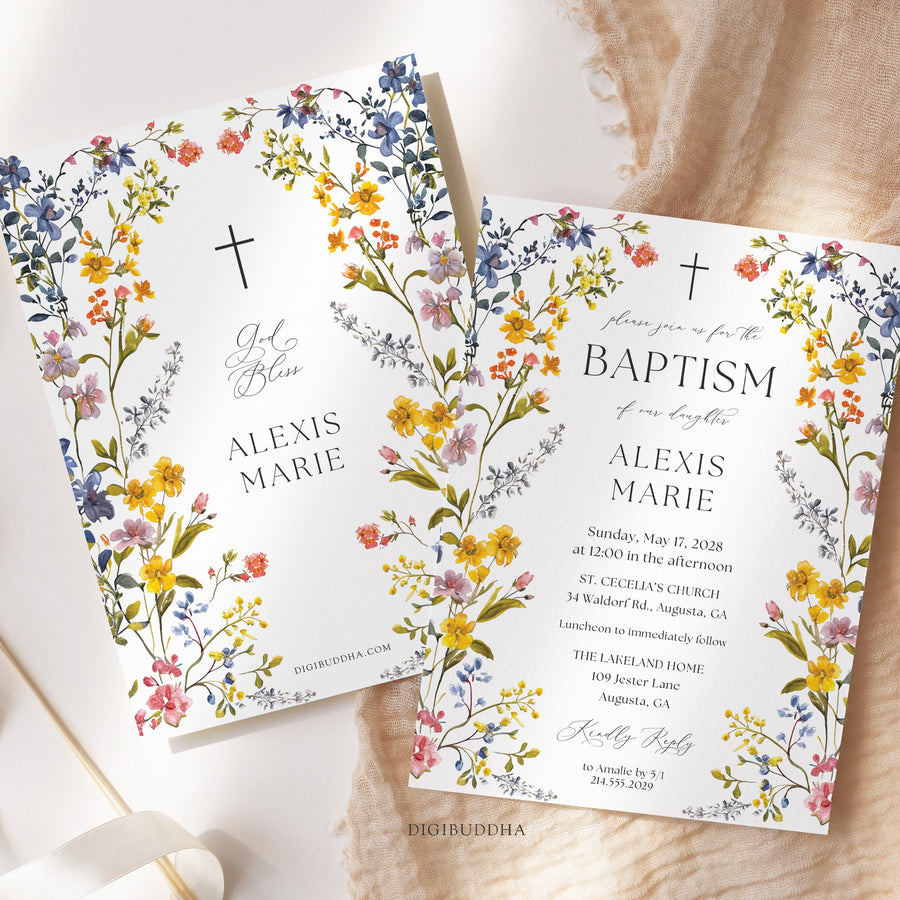 Elegant baptism invitation with spring wildflower frame, pressed floral design, and whimsical garden theme.