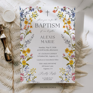 Elegant baptism invitation with spring wildflower frame, pressed floral design, and whimsical garden theme.