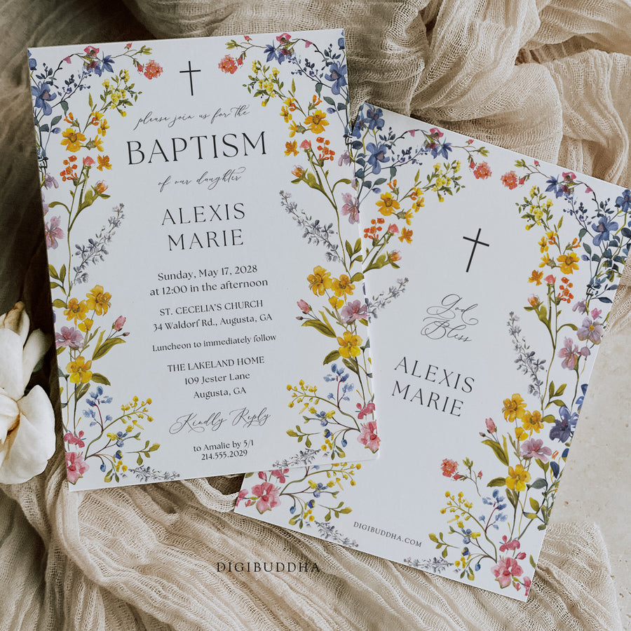 Elegant baptism invitation with spring wildflower frame, pressed floral design, and whimsical garden theme.