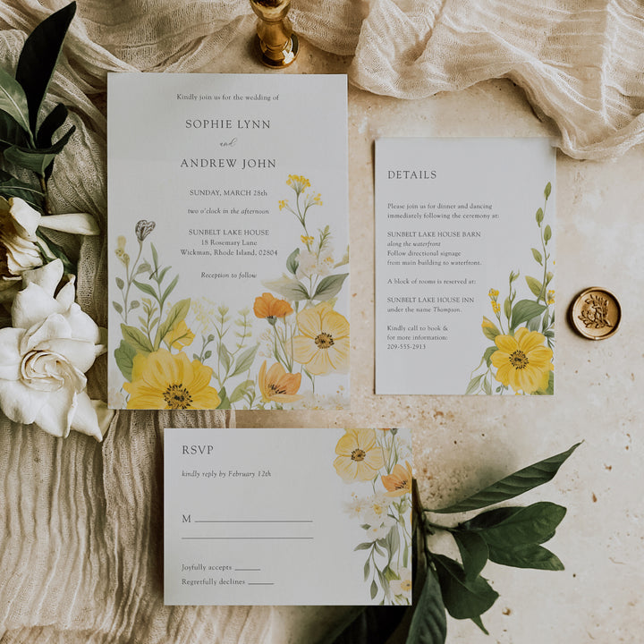 Yellow floral wildflower wedding suite with printed invitations, RSVP, and directions cards, perfect for a spring or rustic wedding.