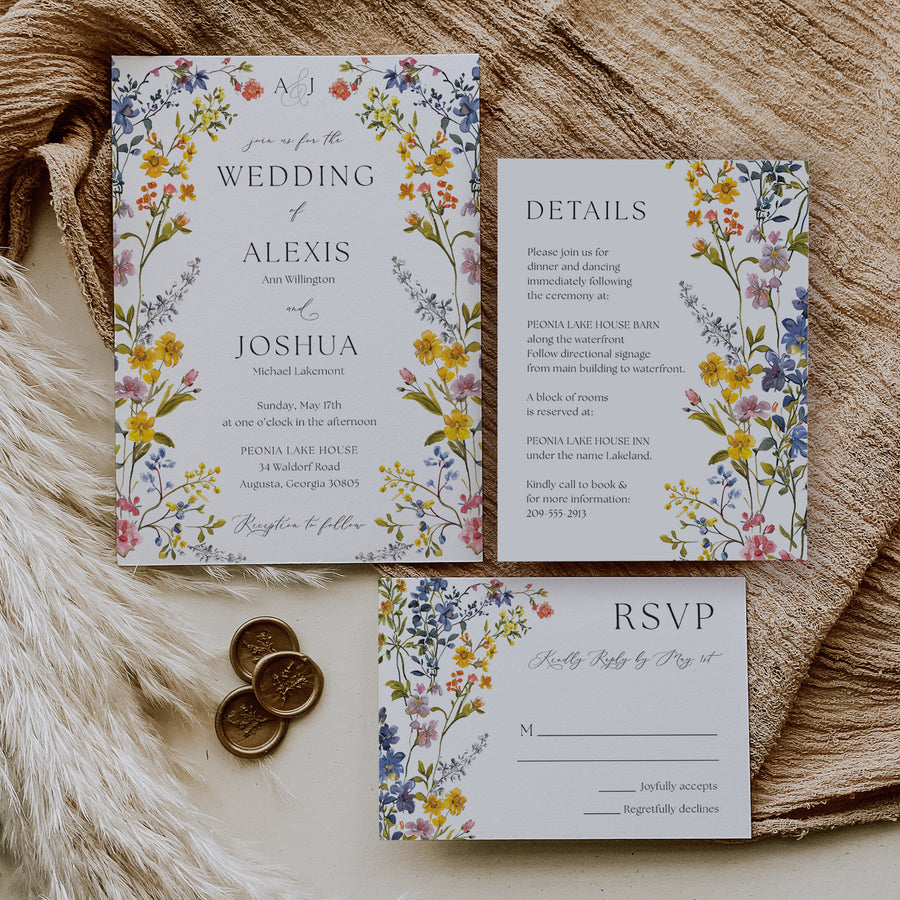 Pressed Wild Flower Wedding Invitation Suite