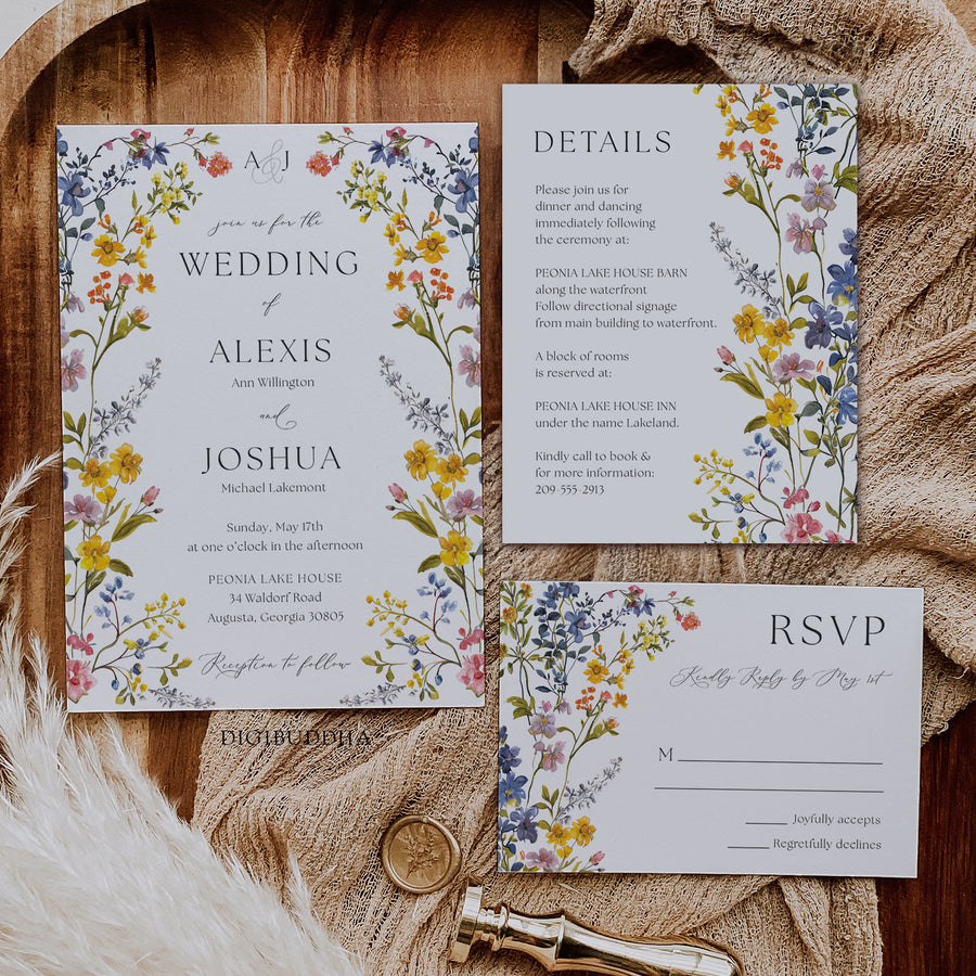 Pressed Wild Flower Wedding Invitation Suite