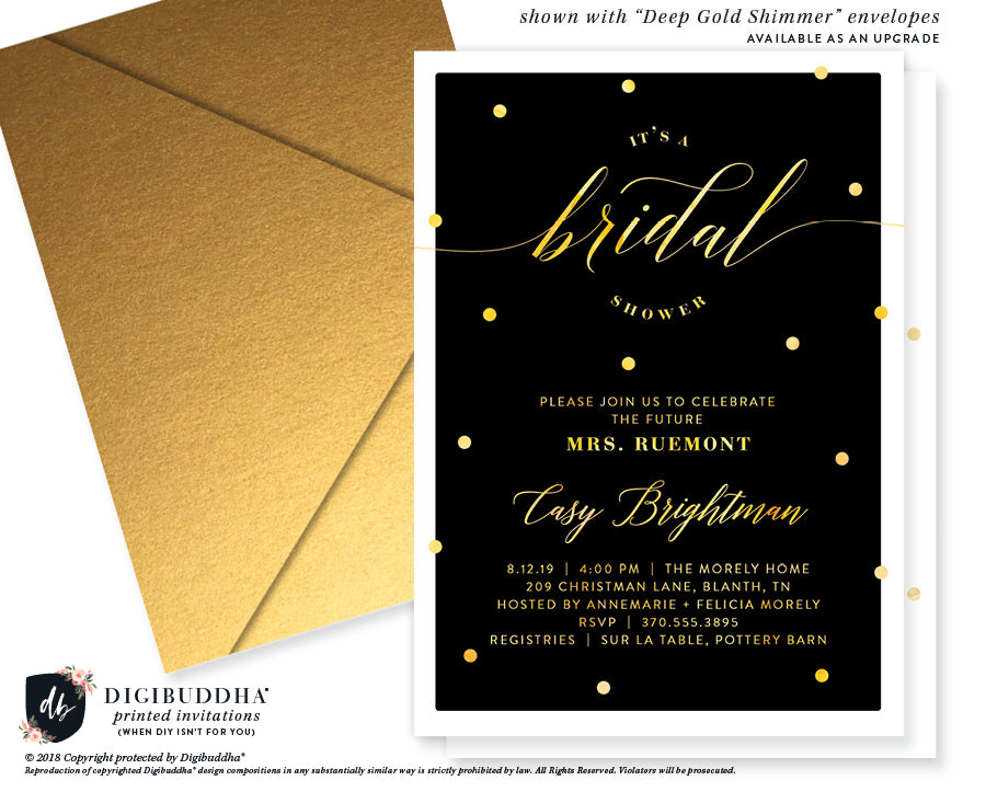 Black and Gold Dots Bridal Shower Invitations, featuring gold dots against a midnight black backdrop with a white border.