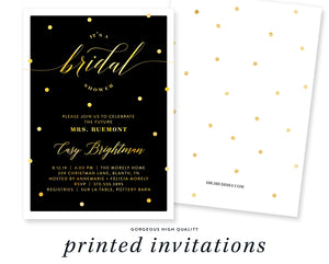 Black and Gold Dots Bridal Shower Invitations, featuring gold dots against a midnight black backdrop with a white border.