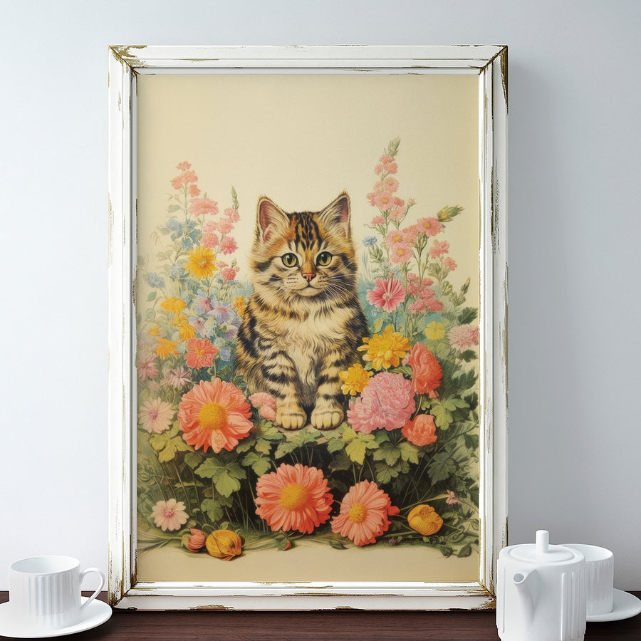 Flower Patch Vintage Cat Art Print