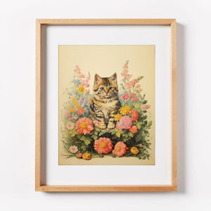 Flower Patch Vintage Cat Art Print