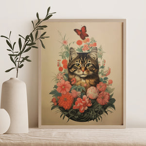 Pink Floral Garden Vintage Cat Art Print