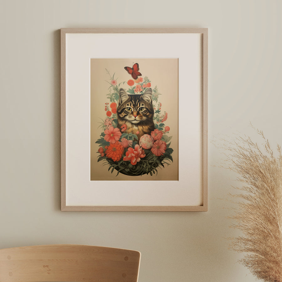 Pink Floral Garden Vintage Cat Art Print