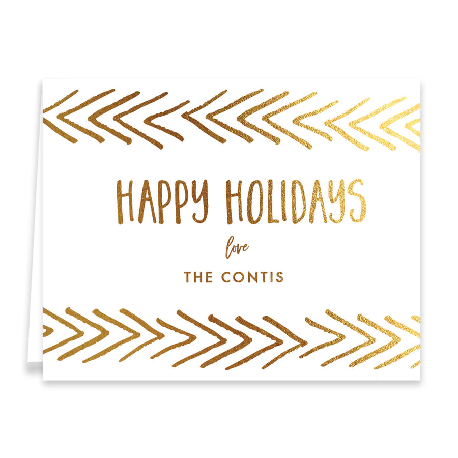 Elegant Faux Gold Happy Holidays Personalized Christmas Cards with chic gold script, modern design, by Digibuddha