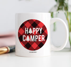 Happy Camper Coffee Mug with a vibrant red and black buffalo plaid design and an evergreen tree graphic, made from fine white ceramic.