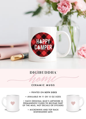 Happy Camper Coffee Mug with a vibrant red and black buffalo plaid design and an evergreen tree graphic, made from fine white ceramic.