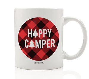Happy Camper Coffee Mug with a vibrant red and black buffalo plaid design and an evergreen tree graphic, made from fine white ceramic.