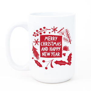 Red and white Merry Christmas and Happy New Year coffee mug with mistletoe and festive design on fine white ceramic, top rack dishwasher safe.