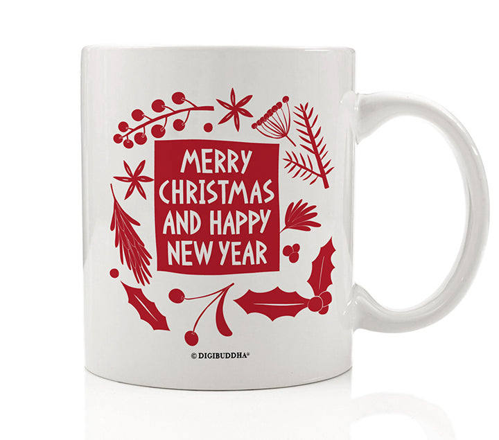 Red and white Merry Christmas and Happy New Year coffee mug with mistletoe and festive design on fine white ceramic, top rack dishwasher safe.