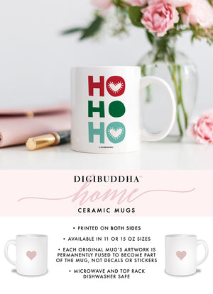 Vibrant green and red “HO HO HO” merry Christmas mug on a white ceramic mug with a glossy finish by Digibuddha