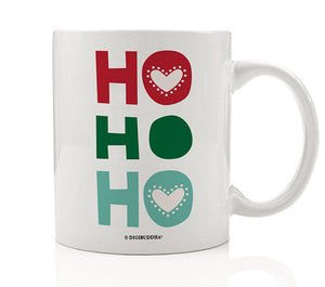 Vibrant green and red “HO HO HO” merry Christmas mug on a white ceramic mug with a glossy finish by Digibuddha