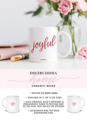 A Joyful Christmas coffee mug with festive, red, modern, minimalist letters printed on fine white ceramic. Ideal holiday gift mug.