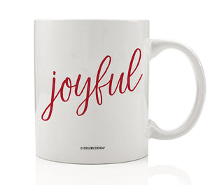 A Joyful Christmas coffee mug with festive, red, modern, minimalist letters printed on fine white ceramic. Ideal holiday gift mug.