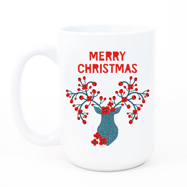 Close-up image of a Merry Christmas winter berries coffee mug by Digibuddha, showcasing its festive design with elegant red winter berries.