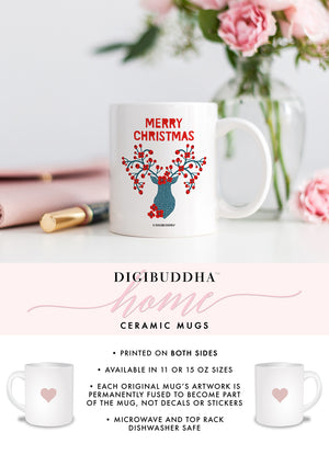 Close-up image of a Merry Christmas winter berries coffee mug by Digibuddha, showcasing its festive design with elegant red winter berries.