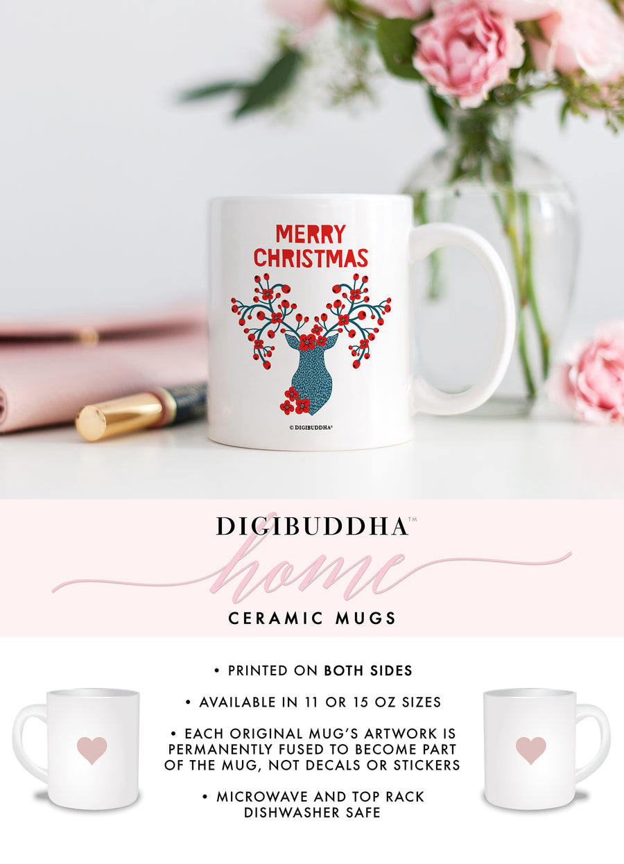 Close-up image of a Merry Christmas winter berries coffee mug by Digibuddha, showcasing its festive design with elegant red winter berries.
