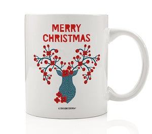 Close-up image of a Merry Christmas winter berries coffee mug by Digibuddha, showcasing its festive design with elegant red winter berries.