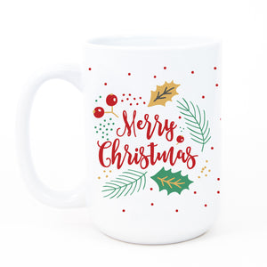 Vibrant red, white, and green Merry Christmas Holly Coffee Mug with a modern design of holly and evergreen, a perfect Christmas coffee mugs from Digibuddha.