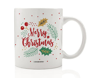 Vibrant red, white, and green Merry Christmas Holly Coffee Mug with a modern design of holly and evergreen, a perfect Christmas coffee mugs from Digibuddha.