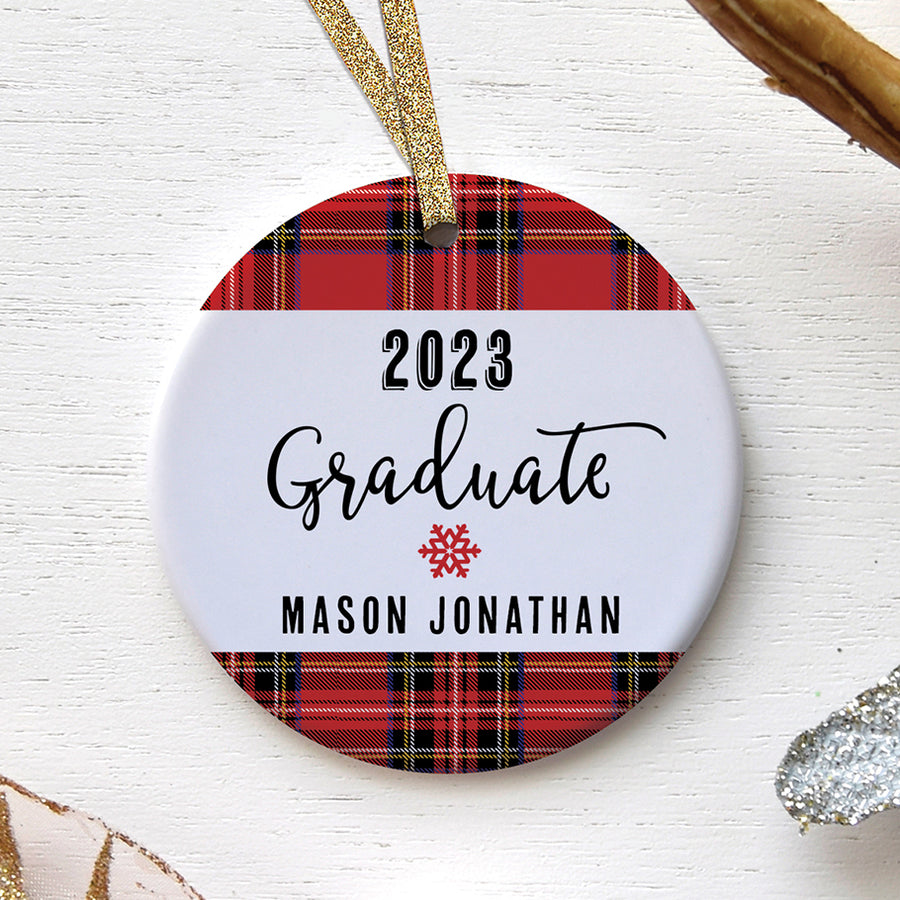Personalized Graduation Ornament with Red Plaid Pattern