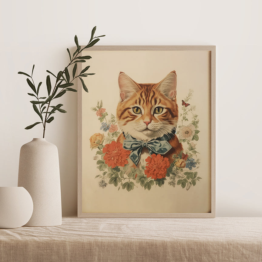 Vintage Orange Tabby Cat with Blue Bow Art Print