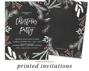 Festive chalkboard design Christmas party invitation adorned with red berries and holly, signifying elegant holiday merriment.