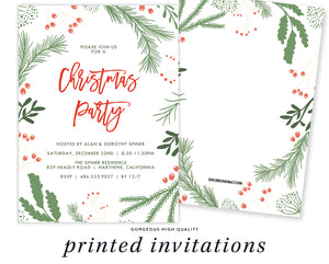 Image of holly festive Christmas party invitations, 5x7 inch, featuring vibrant red and green colors with a modern design, customizable for holiday events, showing detailed holly and evergreen illustrations, indicating easy personalization options and quick delivery for customers planning Christmas celebrations.