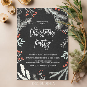 Festive chalkboard design Christmas party invitation adorned with red berries and holly, signifying elegant holiday merriment.